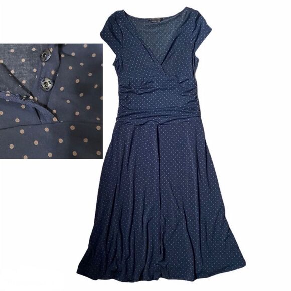 BCBGMaxAzria Navy Tan Polkadot Swing Dress Women’s Small Midi Tea Length - Picture 1 of 12